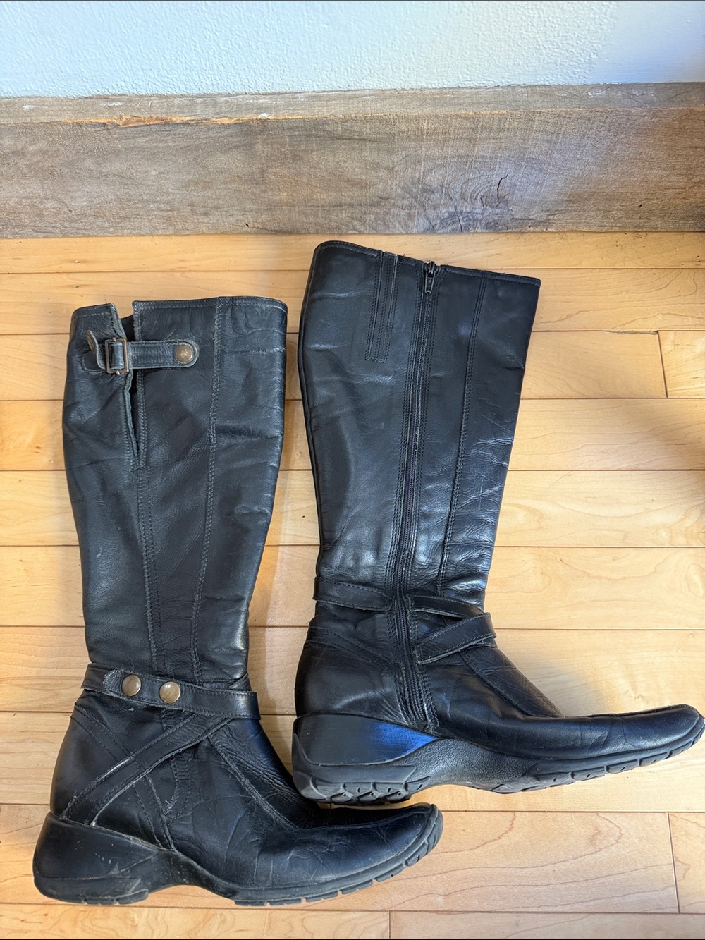 Clarks Black Leather Heeled Boots with Strap Detail